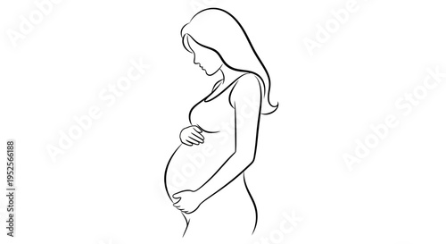 Serene Pregnant Woman Looking at Her Baby Bump with Love, Line Art on an Isolated White Background