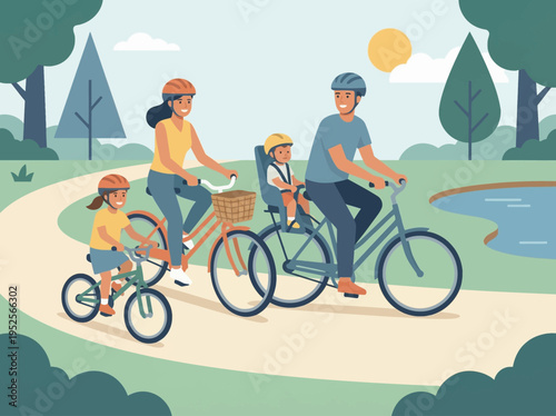 Happy family enjoying a sunny day cycling through a park with a pond and trees
