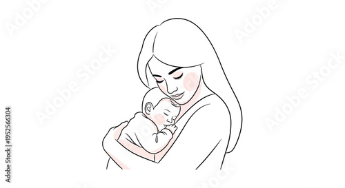Loving Mother Gently Holding Her Newborn Baby with Pink Cheek, Light Green Background