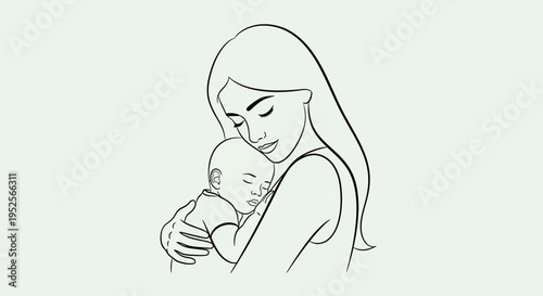 Loving Mother Gently Holding Her Newborn Baby in a Tender Embrace, Light Green Background