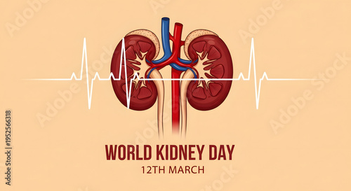 World Kidney Day Awareness Illustration with Human Organ and ECG Line