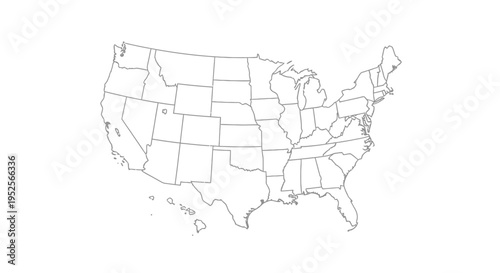 Outline Map of United States of America with Alaska and State Borders, Isolated White Background