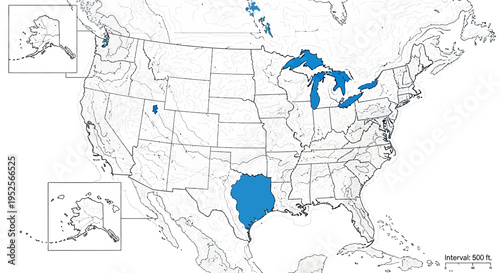 Detailed Geographic Map of United States with State Borders Rivers Lakes and Blue Highlighted Regions