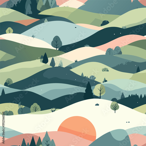 Rolling Hills Serenity: An artistic depiction of rolling hills and trees create a serene and idyllic landscape under a gentle sun, evoking a sense of tranquility and natural beauty.