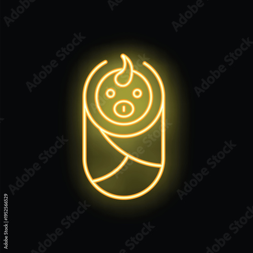 Bright yellow neon sign depicting a swaddled baby, perfect for themes of childhood, parenting, and newborn care