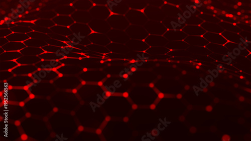 A bright red hexagonal grid undulates smoothly, like a living digital fabric. A futuristic hexagonal background. Glowing nodes are connected by lines, forming a honeycomb structure.