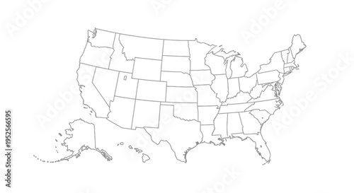 Complete Outline Map of United States with All State Borders Alaska and Hawaii in Bright Studio