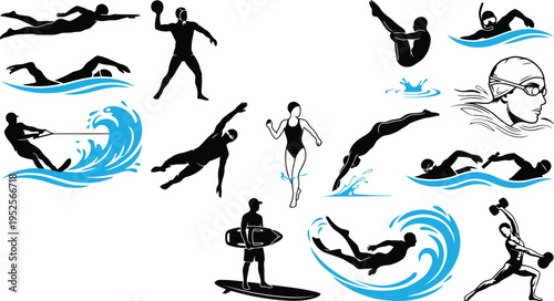 Collection of active people engaging in various water sports activities like swimming diving surfing and water polo