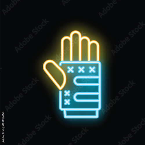 Glowing neon line icon of a protective glove with reinforced pu patches, ensuring safety and durability during construction and other manual tasks