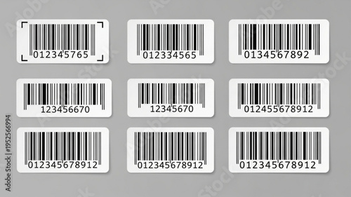 Set of barcode stickers fake with different thick and thin lines. Vertical streaks, strips with random information lines. Abstract geometric texture background for retail, supermarket