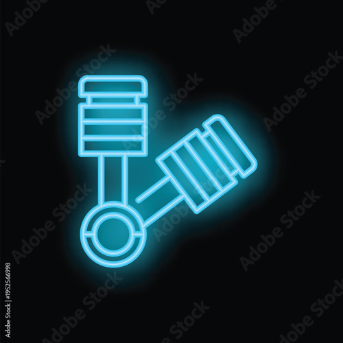 Blue neon icon of an engine piston glowing on a dark background, perfect for automotive and mechanical themes