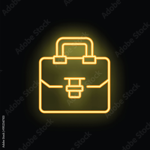 Yellow neon sign of a briefcase glowing on a black background