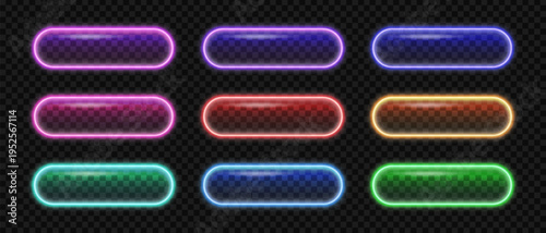 Neon glass button frame set, Glass illuminated 3d buttons with glare, Neon realistic glowing frames for web design