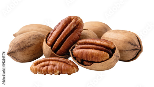 Isolated group of whole and cracked pecans with nut meats, delicious healthy snack
