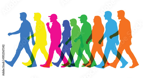 A vibrant illustration features a diverse group of men and women represented as colorful, translucent silhouettes walking in a sequential line, symbolizing community and forward motion.