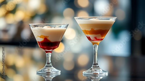Two dessert cocktails in stemmed glasses with layered liquid and bokeh background on reflective surface