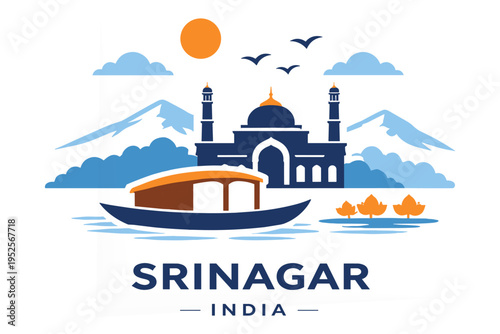 Srinagar Skyline Flat Vector Dal Lake Houseboat Kashmir India Travel Illustration