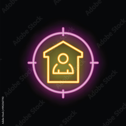 Neon icon representing the concept of finding a house or roommate with a house shaped icon and a person inside, targeted in a crosshair