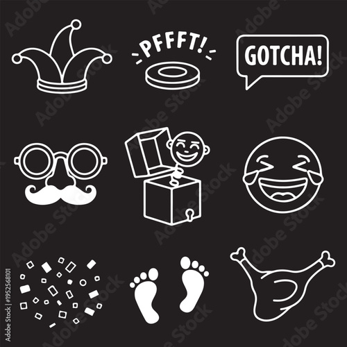 April Fools' Day Prank and Joke Icon Set - White Line Art Humor and Comedy Symbols