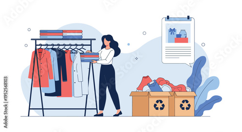 Sustainable fashion and clothing recycling concept with a woman organizing her wardrobe and putting clothes into boxes.