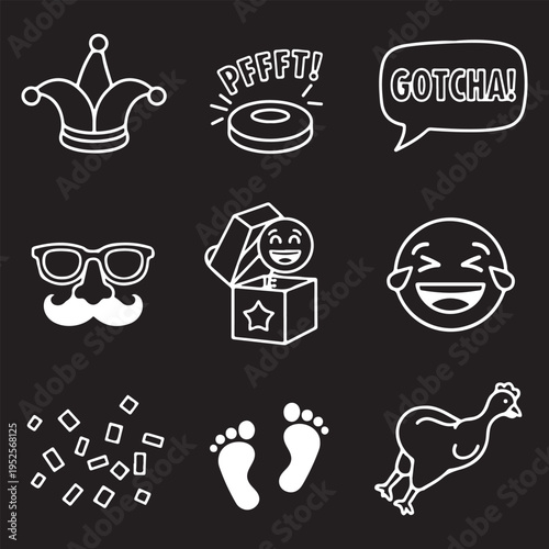 April Fools' Day Prank and Joke Icon Set - White Line Art Humor and Comedy Symbols