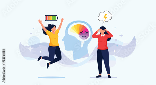 Mental health awareness and energy levels concept showing a happy jumping woman and a stressed woman with a low battery.