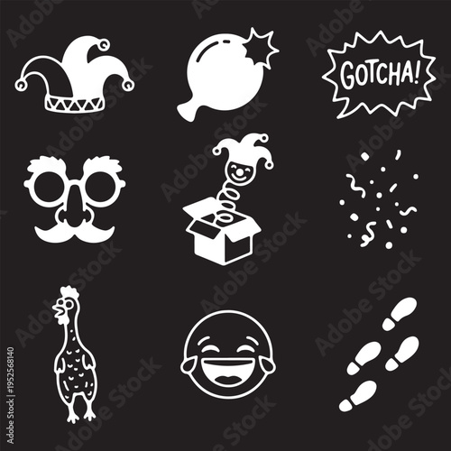 April Fools' Day Prank and Joke Icon Set - White Humor and Comedy Symbols