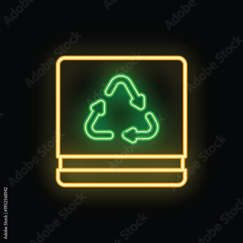 Glowing neon icon of a hardcover book displaying a recycling symbol, promoting environmental awareness and responsible consumption of educational materials