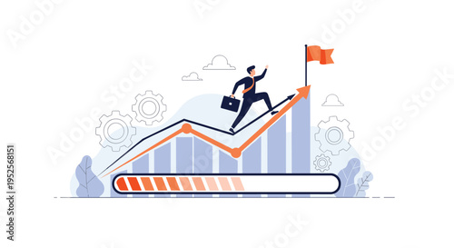 Career advancement and goal achievement concept with a businessman running up a rising bar chart towards a red flag.