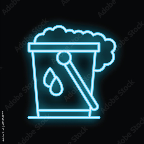 Blue neon icon of a bucket filled with soapy water and a brush, evoking cleaning tasks