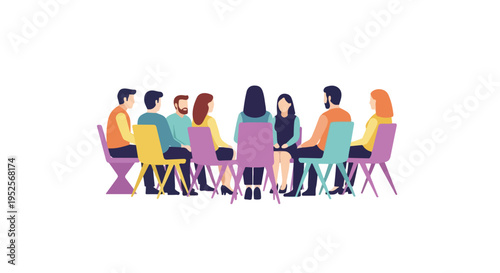 A diverse group of people sits in a circle on colorful chairs, facing each other, suggesting a meeting, therapy, or support group.