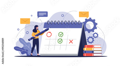 Effective time management and planning concept showing a woman marking important dates and tasks on a large desk calendar.