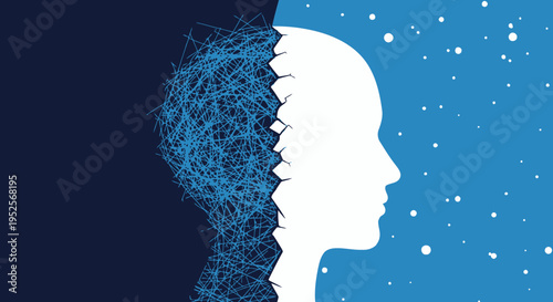 Mental Health and Psychology Concept Illustration of Chaos versus Clarity: Human Head Profile with Tangled Thoughts and Clear Mind Silhouette