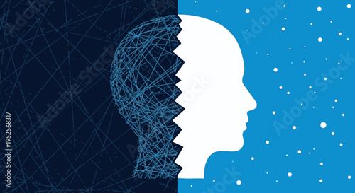 Abstract Mental Health Concept: Split Profile of Human Head Representing Chaos and Clarity, Confusion and Inner Peace