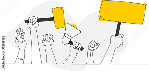 Protest hands with megaphone and signs. Minimal line art vector illustration of activism, unity and social justice for rights and justice on a transparent background