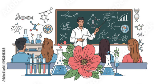 Science education in a chemistry classroom where a teacher explains complex molecular structures and formulas to students.