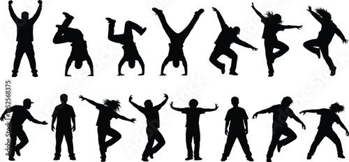 Dance silhouettes collection, hip hop freestyle poses, breakdance figures, energetic movement art, black silhouettes people, modern dance illustration, vector design