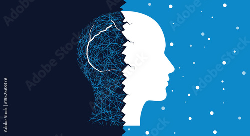 Mental Health Concept Illustration of Human Silhouette with Chaotic Thoughts vs. Clarity and Peace