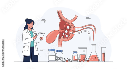 Medical consultation about internal organs showing a doctor taking notes next to a diagram of a gallbladder with stones.