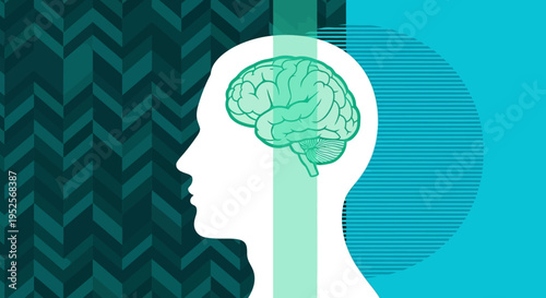 Human Mind Concept Illustration: Silhouette of Head with Brain on Geometric Teal Background for Mental Health, Psychology, and Neuroscience