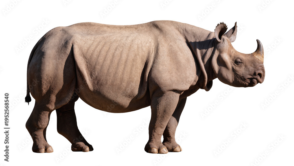 Obraz premium Powerful adult rhinoceros standing in a side profile, showcasing its thick grey skin and prominent horn, isolated PNG on transparent background