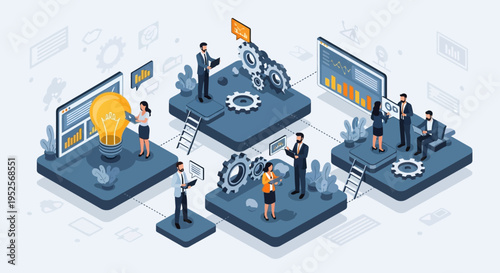 Business Teamwork and Data Analysis Isometric Illustration with Project Management, Innovation Idea, and Process Optimization Concept