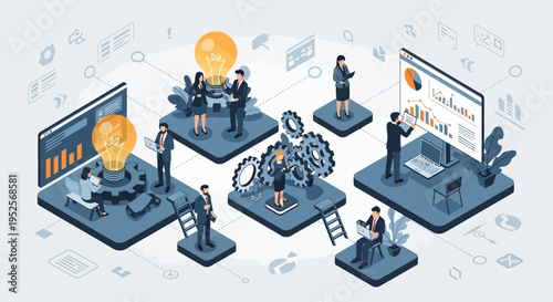 Isometric Business Teamwork and Innovation Concept with Data Analysis, Creative Problem Solving, and Workflow Automation in a Modern Workspace Illustration