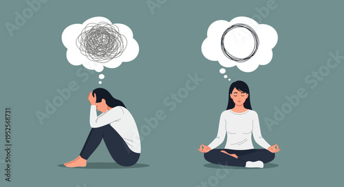 Mental Health Concept Illustration of Anxiety versus Mindfulness Meditation for Stress Relief and Emotional Balance
