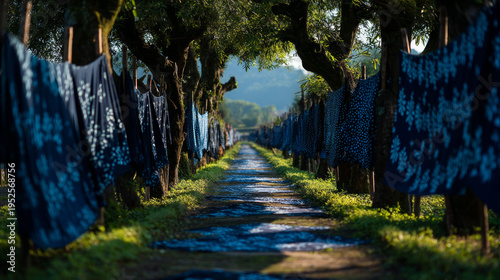 Ancient Chinese Village Path Lined with Traditionally Dyed Blue Fabrics and Lush Greenery