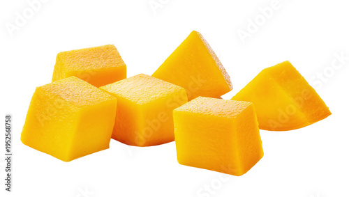 Isolated fresh ripe mango fruit cut into cubes and slices, healthy tropical food ingredients