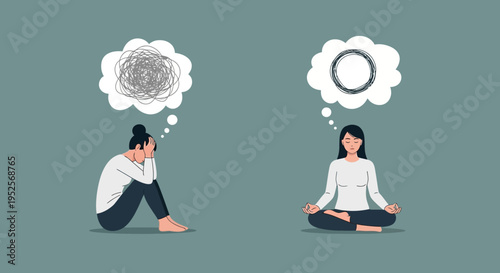 Mental Health Concept Illustration of Stress vs Calm with Woman Meditating and Woman with Anxiety Chaos in Thought Bubble