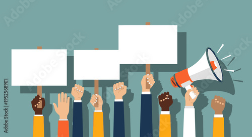 Diverse Hands Raised with Blank Protest Signs and Megaphone for Social Justice, Activism, and Public Demonstration