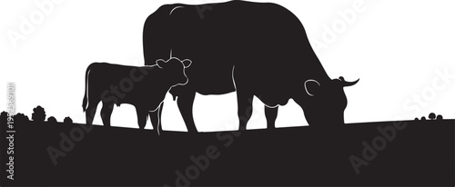 Black cow and calf vector silhouette isolated on Transparent Background