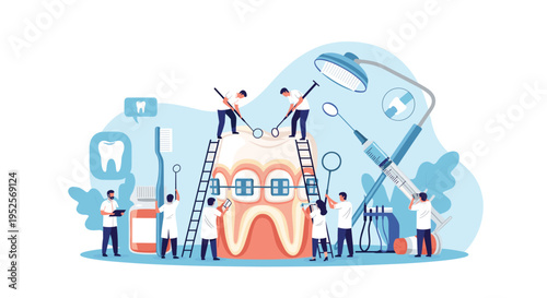 Creative dental care concept showing miniature dentists performing orthodontics on large tooth model with braces using professional equipment.